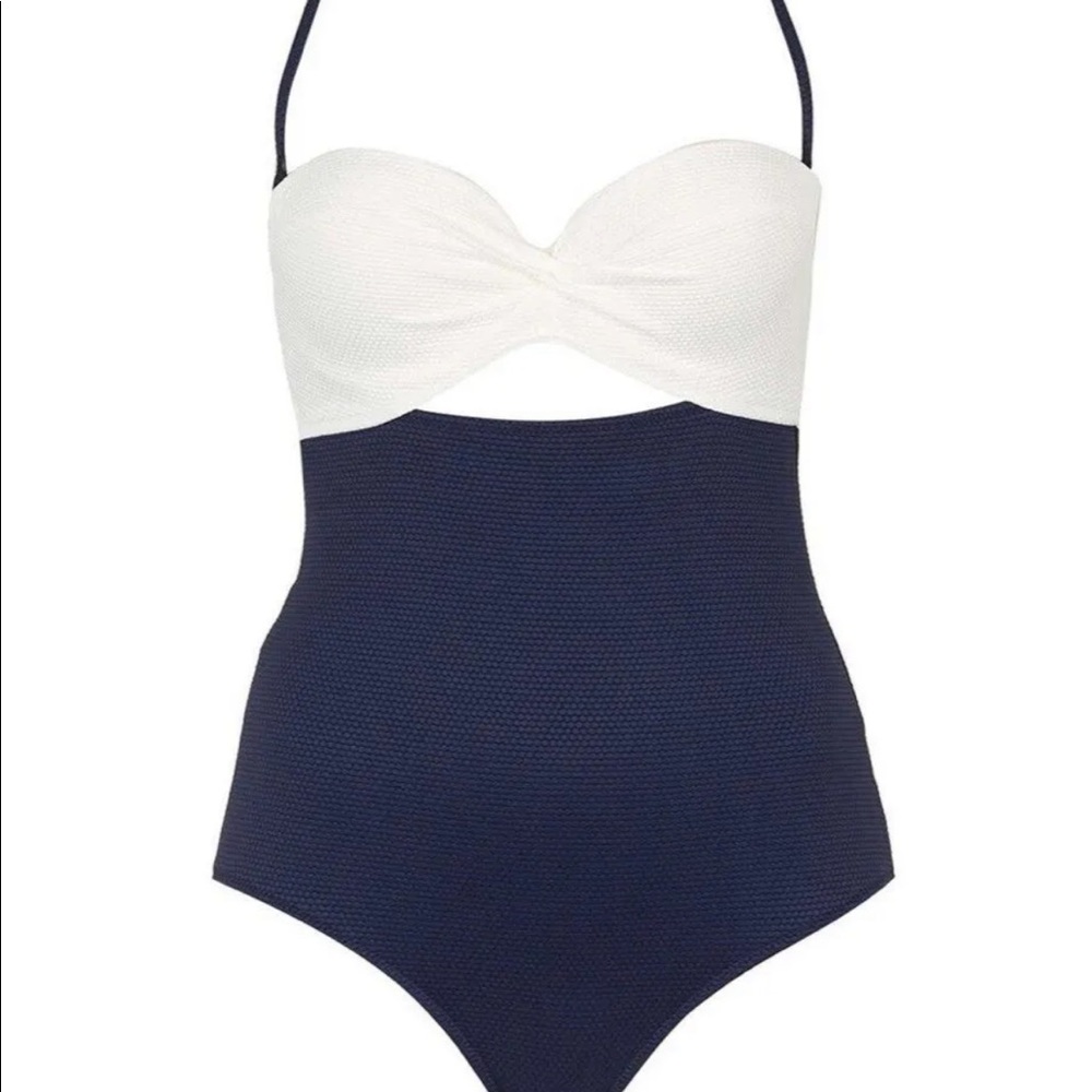 Topshop Navy and White Twist Front One-Piece Swimsuit